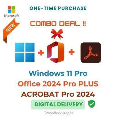 Professional software bundle: Windows 11 Pro, Office 2024 Pro Plus, and Adobe Acrobat DC Pro 2020.