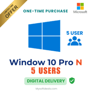 Windows 10 Pro N license for 5 users, ideal for small teams.