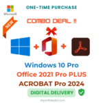 Comprehensive productivity bundle: Windows 10 Pro, Office 2021 Pro Plus, and Acrobat Pro 2024.
