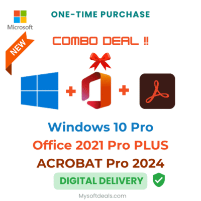 Comprehensive productivity bundle: Windows 10 Pro, Office 2021 Pro Plus, and Acrobat Pro 2024.